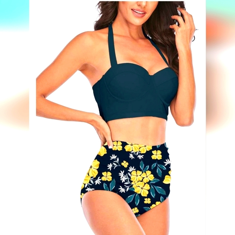Vintage floral High Waisted Bathing‎ Suits Bikini Set blue Sz S